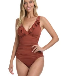 La Blanca Island Goddess Ruffle Surplice One Piece