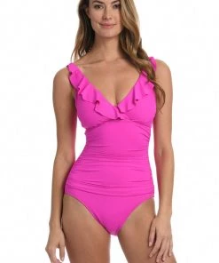 La Blanca Island Goddess Ruffle Surplice One Piece