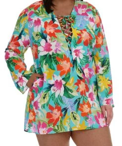La Blanca Tropea Breeze Lace Up Tunic Cover Ups