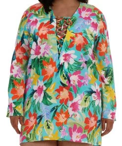La Blanca Tropea Breeze Lace Up Tunic Cover Ups