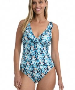 La Blanca Tops Seaglass Shores Ruffle Surplice Tankini Top