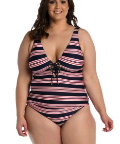 La Blanca Sailor Stripe Over-The-Shoulder Knot Tankini Top Tops