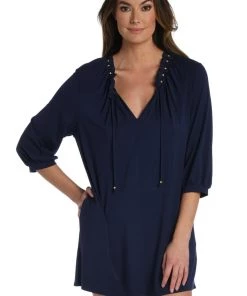 La Blanca Beaded Covers V-Neck Tunic Cover Ups